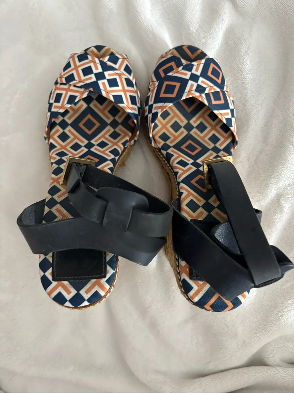 Tory Burch Navy and Tan Geometric Espadrille Wedge Sandals